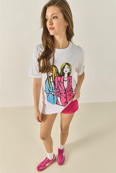 Kadın Bisiklet Yaka Baskılı Kısa Kollu Kadın T-Shirt 5242 60284049 - Beyaz