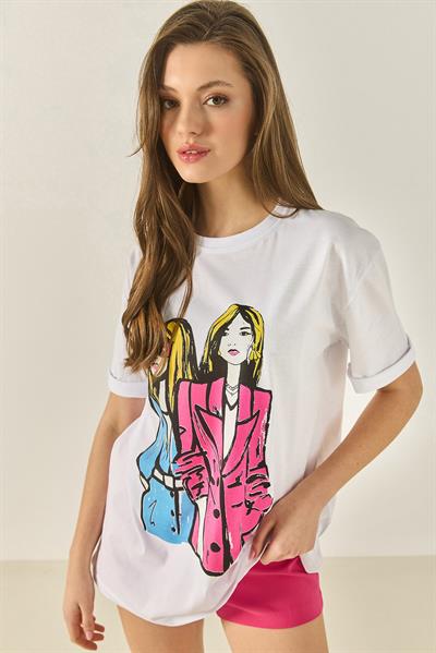 Kadın Bisiklet Yaka Baskılı Kısa Kollu Kadın T-Shirt 5242 60284049 - Beyaz
