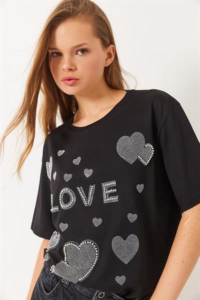 Kadın Bisiklet Yaka Boncuk ve Taş Kalp Baskılı T-Shirt 60261389 - Siyah