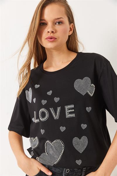 Kadın Bisiklet Yaka Boncuk ve Taş Kalp Baskılı T-Shirt 60261389 - Siyah