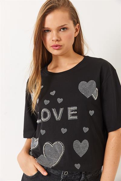 Kadın Bisiklet Yaka Boncuk ve Taş Kalp Baskılı T-Shirt 60261389 - Siyah