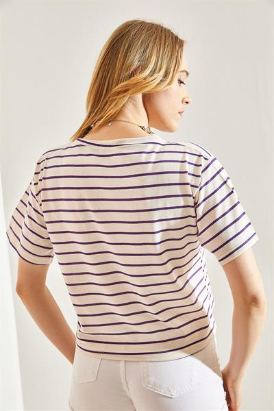 Kadın Bisiklet Yaka Çizgili T-Shirt 60241002 - Mor