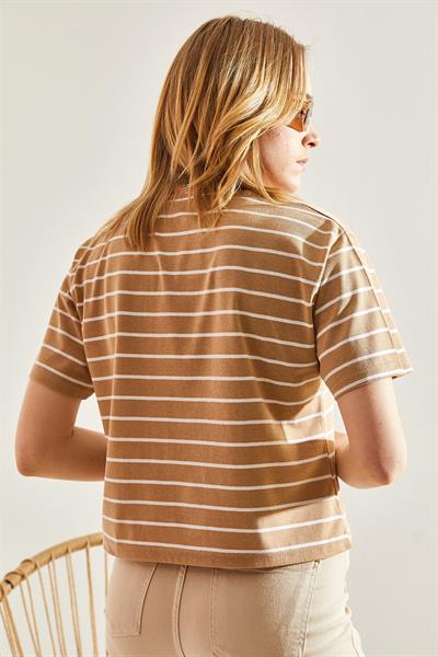Kadın Bisiklet Yaka Çizgili T-Shirt 60241002 - Camel