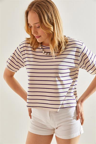 Kadın Bisiklet Yaka Çizgili T-Shirt 60241002 - Mor