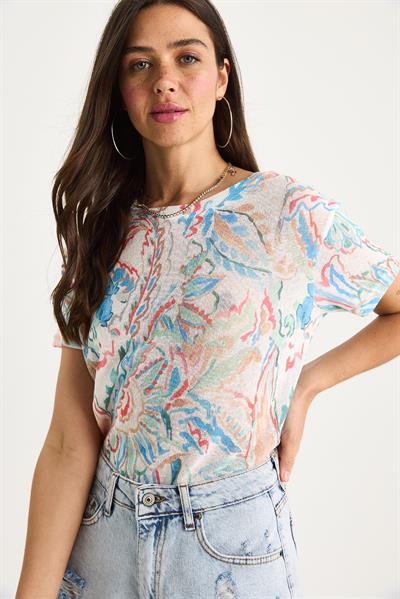 Kadın Bisiklet Yaka Desenli Dijital Baskılı Regular Yazlık Örme T-Shirt 60282015 - Çok Renkli