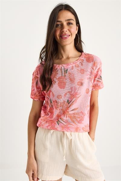 Kadın Bisiklet Yaka Desenli Dijital Baskılı Regular Yazlık Örme T-Shirt 60282015 - Pembe