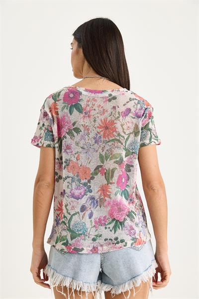 Kadın Bisiklet Yaka Desenli Dijital Baskılı Regular Yazlık Örme T-Shirt 60282015 - Bej-Mor
