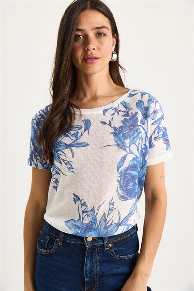 Kadın Bisiklet Yaka Desenli Dijital Baskılı Regular Yazlık Örme T-Shirt 60282015 - Beyaz-Mavi