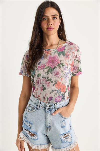 Kadın Bisiklet Yaka Desenli Dijital Baskılı Regular Yazlık Örme T-Shirt 60282015 - Bej-Mor