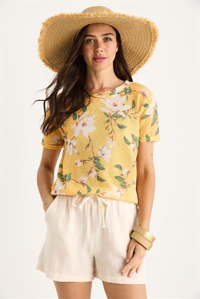 Kadın Bisiklet Yaka Desenli Dijital Baskılı Regular Yazlık Örme T-Shirt 60282015 - Sarı