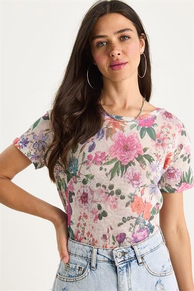 Kadın Bisiklet Yaka Desenli Dijital Baskılı Regular Yazlık Örme T-Shirt 60282015 - Bej-Mor