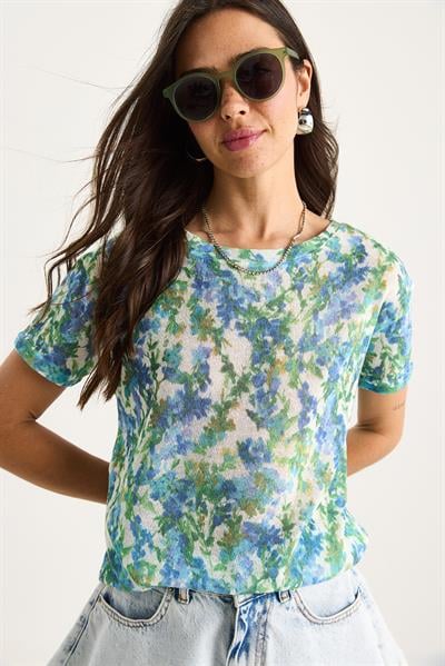Kadın Bisiklet Yaka Desenli Dijital Baskılı Regular Yazlık Örme T-Shirt 60282015 - Mavi-Yeşil