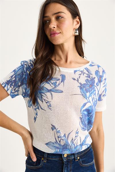 Kadın Bisiklet Yaka Desenli Dijital Baskılı Regular Yazlık Örme T-Shirt 60282015 - Beyaz-Mavi