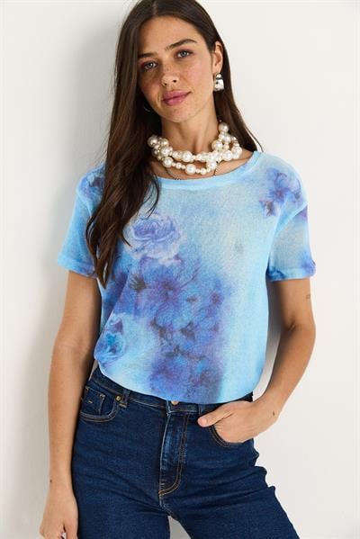 Kadın Bisiklet Yaka Desenli Dijital Baskılı Regular Yazlık Örme T-Shirt 60282015 - Gök Mavisi