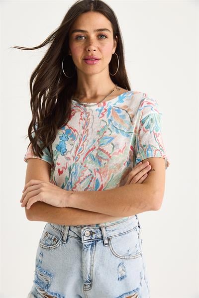 Kadın Bisiklet Yaka Desenli Dijital Baskılı Regular Yazlık Örme T-Shirt 60282015 - Çok Renkli