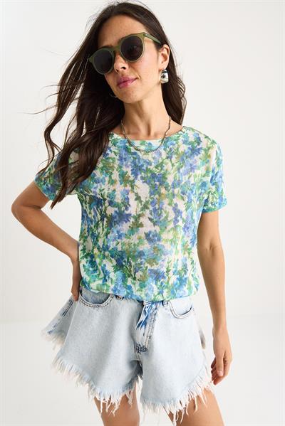 Kadın Bisiklet Yaka Desenli Dijital Baskılı Regular Yazlık Örme T-Shirt 60282015 - Mavi-Yeşil