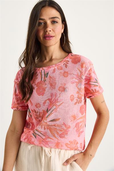 Kadın Bisiklet Yaka Desenli Dijital Baskılı Regular Yazlık Örme T-Shirt 60282015 - Pembe