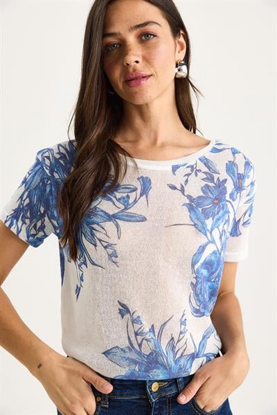 Kadın Bisiklet Yaka Desenli Dijital Baskılı Regular Yazlık Örme T-Shirt 60282015 - Beyaz-Mavi