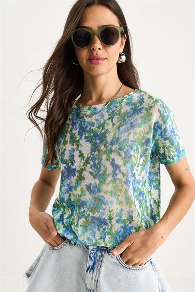 Kadın Bisiklet Yaka Desenli Dijital Baskılı Regular Yazlık Örme T-Shirt 60282015 - Mavi-Yeşil