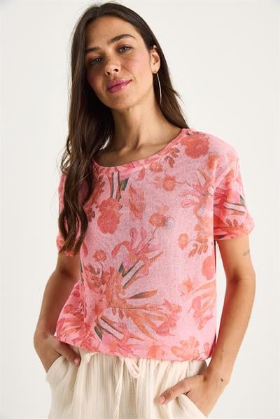 Kadın Bisiklet Yaka Desenli Dijital Baskılı Regular Yazlık Örme T-Shirt 60282015 - Pembe