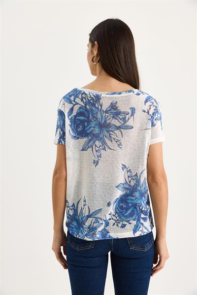 Kadın Bisiklet Yaka Desenli Dijital Baskılı Regular Yazlık Örme T-Shirt 60282015 - Beyaz-Mavi