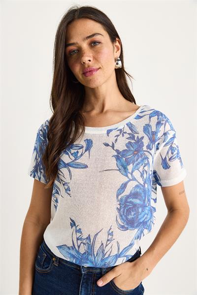 Kadın Bisiklet Yaka Desenli Dijital Baskılı Regular Yazlık Örme T-Shirt 60282015 - Beyaz-Mavi