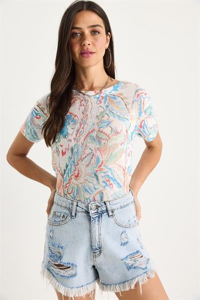 Kadın Bisiklet Yaka Desenli Dijital Baskılı Regular Yazlık Örme T-Shirt 60282015 - Çok Renkli