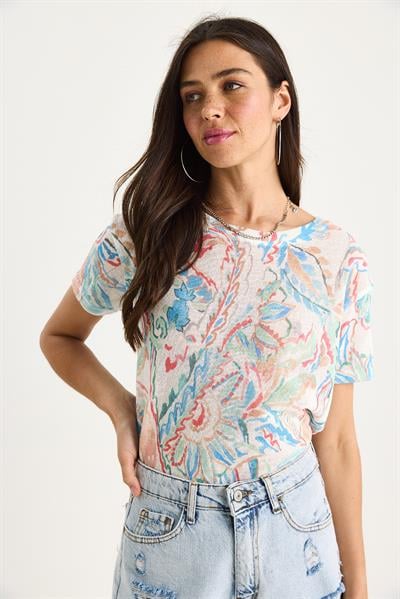 Kadın Bisiklet Yaka Desenli Dijital Baskılı Regular Yazlık Örme T-Shirt 60282015 - Çok Renkli