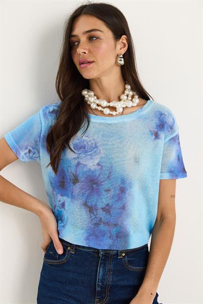 Kadın Bisiklet Yaka Desenli Dijital Baskılı Regular Yazlık Örme T-Shirt 60282015 - Gök Mavisi