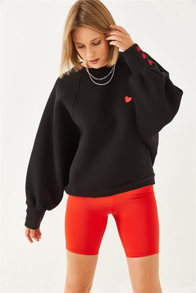 Kadın Bisiklet Yaka Kalp Nakışlı Üç İplik Şardonlu Sweatshirt 60251933 - Siyah