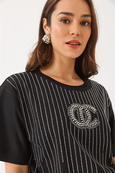 Kadın Bisiklet Yaka Kısa Kollu Boncuk Taş Baskılı Salaş T-Shirt 60283037 - Siyah