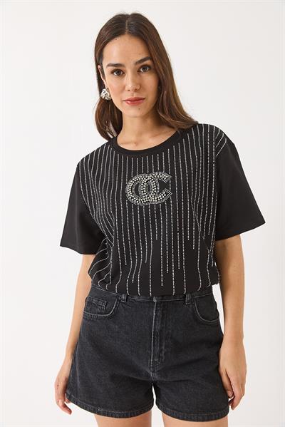 Kadın Bisiklet Yaka Kısa Kollu Boncuk Taş Baskılı Salaş T-Shirt 60283037 - Siyah