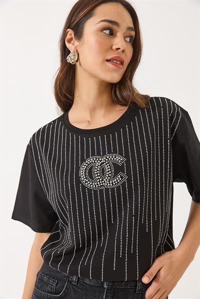 Kadın Bisiklet Yaka Kısa Kollu Boncuk Taş Baskılı Salaş T-Shirt 60283037 - Siyah