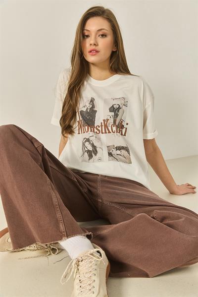 Kadın Bisiklet Yaka Kısa Kollu Doğal Baskılı Pamuklu Basic T-Shirt ÖT251042 60283311 - Bej