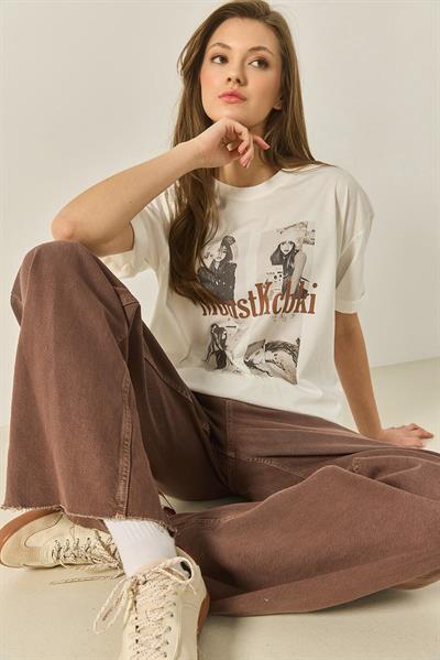 Kadın Bisiklet Yaka Kısa Kollu Doğal Baskılı Pamuklu Basic T-Shirt ÖT251042 60283311 - Bej