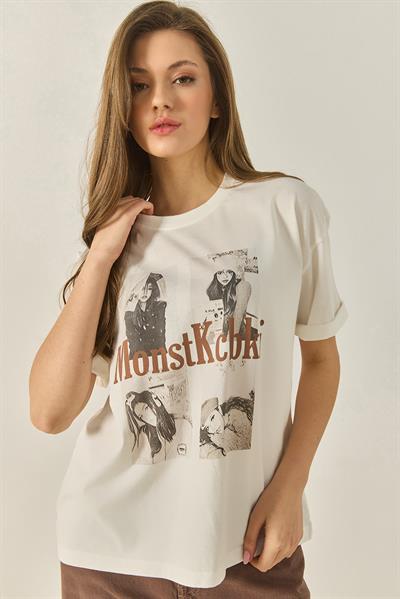 Kadın Bisiklet Yaka Kısa Kollu Doğal Baskılı Pamuklu Basic T-Shirt ÖT251042 60283311 - Bej