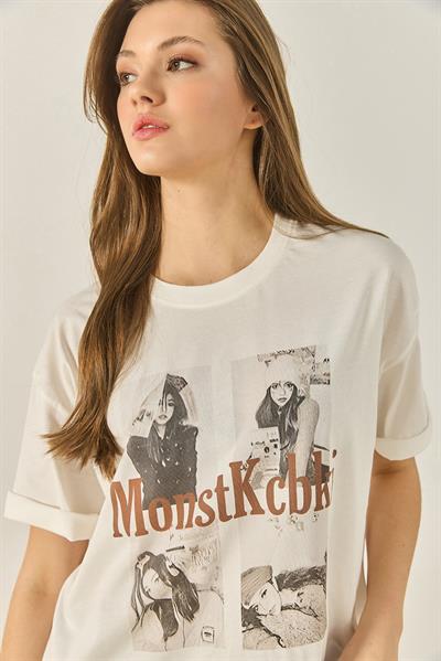 Kadın Bisiklet Yaka Kısa Kollu Doğal Baskılı Pamuklu Basic T-Shirt ÖT251042 60283311 - Bej