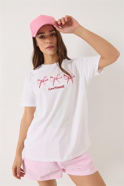 Kadın Bisiklet Yaka Kısa Kollu Nakışlı T-Shirt 60602023 - Beyaz