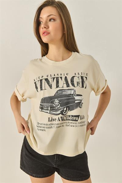 Kadın Bisiklet Yaka Kısa Kollu Vintage Baskılı Pamuklu Basic T-Shirt ÖT251061 60283313 - Bej