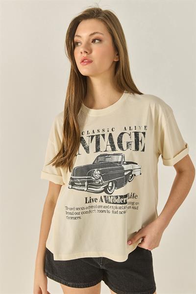 Kadın Bisiklet Yaka Kısa Kollu Vintage Baskılı Pamuklu Basic T-Shirt ÖT251061 60283313 - Bej
