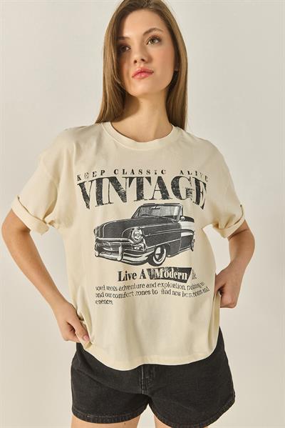 Kadın Bisiklet Yaka Kısa Kollu Vintage Baskılı Pamuklu Basic T-Shirt ÖT251061 60283313 - Bej