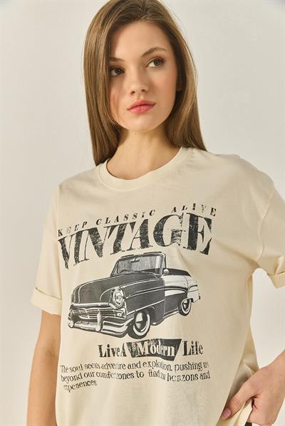 Kadın Bisiklet Yaka Kısa Kollu Vintage Baskılı Pamuklu Basic T-Shirt ÖT251061 60283313 - Bej