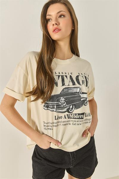 Kadın Bisiklet Yaka Kısa Kollu Vintage Baskılı Pamuklu Basic T-Shirt ÖT251061 60283313 - Bej