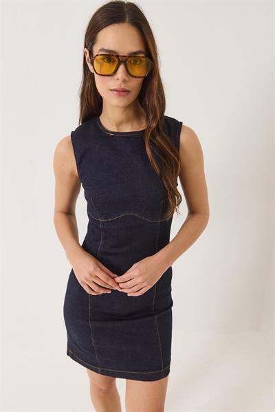 Kadın Bisiklet Yaka Likralı Yazlık Denim Elbise 8038 60283163 - Lacivert