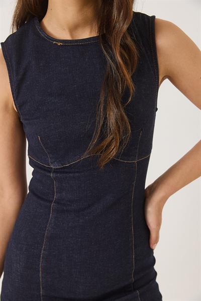 Kadın Bisiklet Yaka Likralı Yazlık Denim Elbise 8038 60283163 - Lacivert