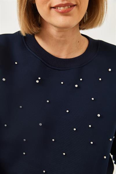 Kadın Bisiklet Yaka Önü İnci Çakmalı Üç İplik Şardonlu Sweatshırt 60601041 - Lacivert