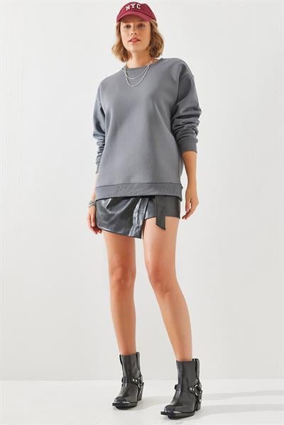 Kadın Bisiklet Yaka Şardonlu Basic Sweatshirt 60251640 - Füme