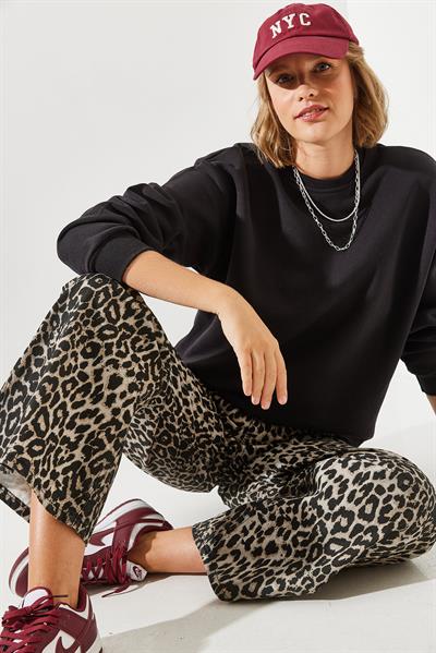 Kadın Bisiklet Yaka Şardonlu Basic Sweatshirt 60251640 - Siyah
