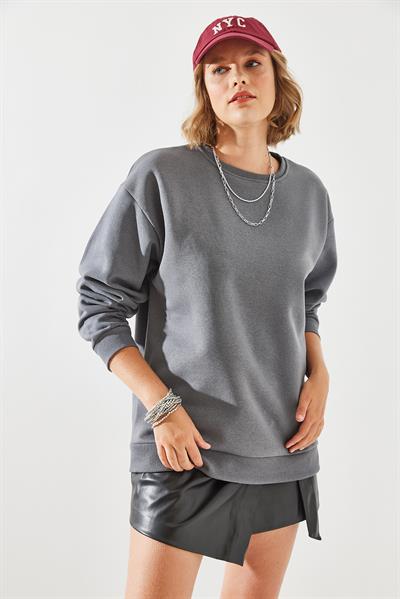 Kadın Bisiklet Yaka Şardonlu Basic Sweatshirt 60251640 - Füme