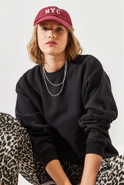 Kadın Bisiklet Yaka Şardonlu Basic Sweatshirt 60251640 - Siyah